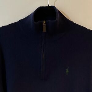 Ralph Lauren Men Polo merino wool sweater large quarter zip pullover navy blue L